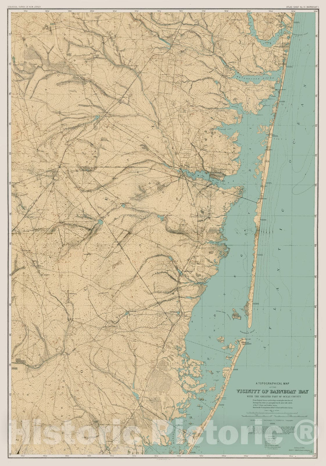 Historic Map - A Topographical Map of the Vicinity of Barnegat Bay with hte Greater Part of Ocean County, 1886, Geological Survey of New Jersey - Vintage Wall Art