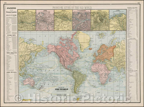 Historic Map - Chart of the World on Mercator's Projection [with City plans of London, Paris, Berlin, Cairo, St. Petersberg & Vienna], 1892, George F. Cram - Vintage Wall Art