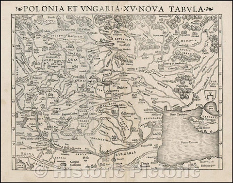 Historic Map - Poloniae Et Ungariae XV Nova Descriptio/Munster's Map of Poland, Lithuania, the Ukraine, Moscovy and the Balkans, 1550, Sebastian M?nster - Vintage Wall Art