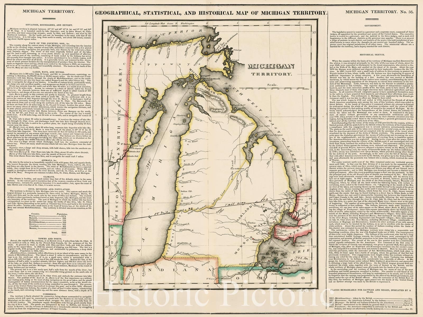 Historic Map - Geographical, Statistical and Historical Map of Michigan Territory, 1823, Henry Charles Carey - Vintage Wall Art