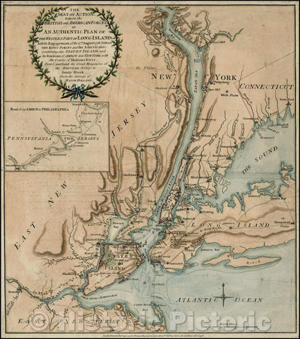 Historic Map - The Seat of Action between the British and American Forces. Or an Authentic Plan of the Western Part of Long Island, 1776, Sayer & Bennett - Vintage Wall Art