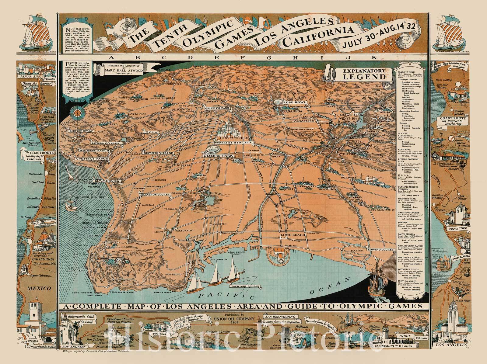 Historic Map - A Complete Map of Los Angeles Area and Guide To Olympic Games, 1932, Mary Hall Atwood - Vintage Wall Art