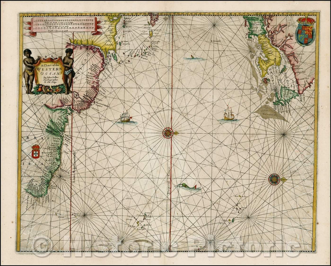 Historic Map - A Chart of the Western Ocean, 1674, John Seller - Vintage Wall Art