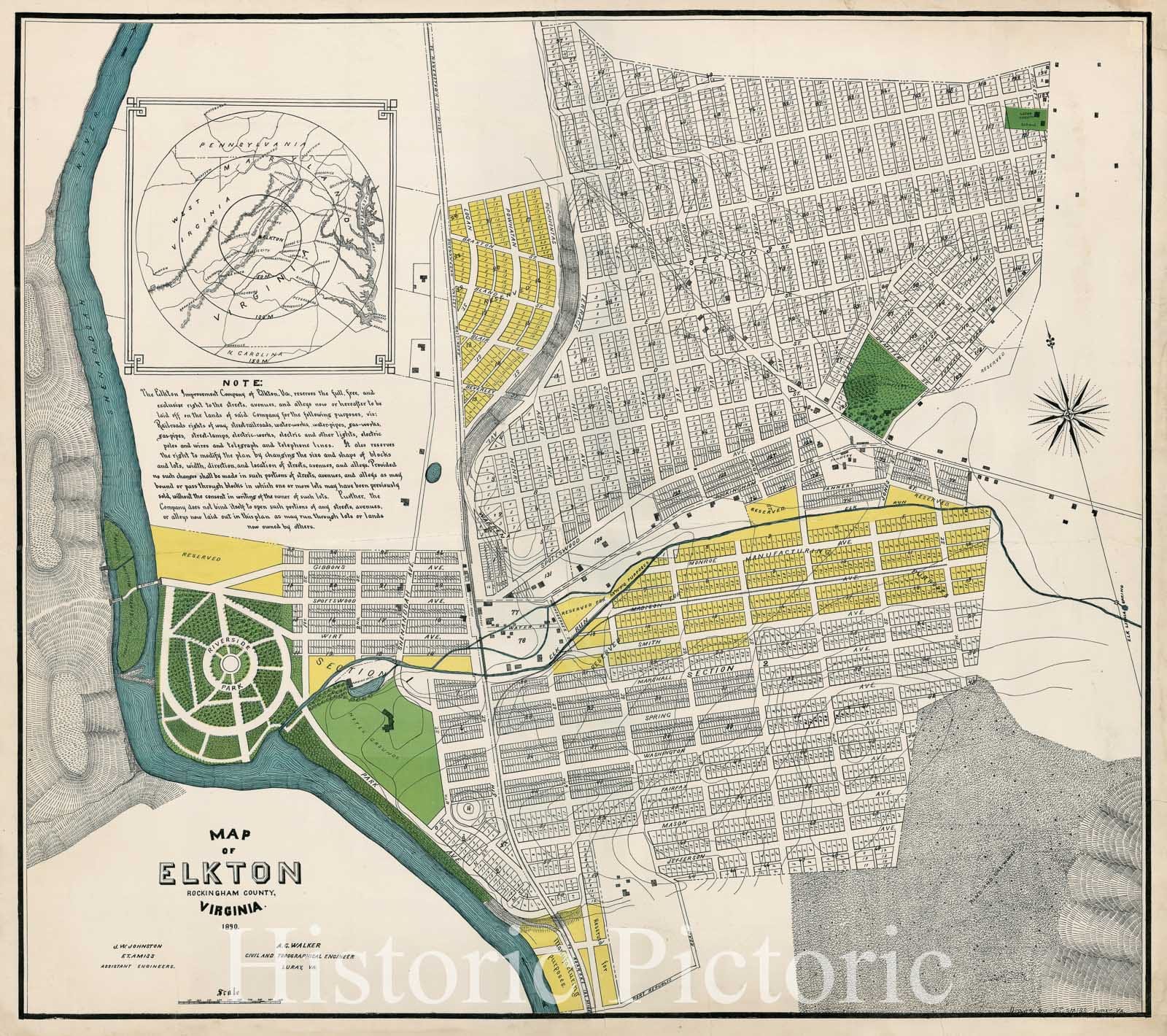 Historic Map - Map of Elkton Rockingham County Virginia, 1890, E.T. Amiss - Vintage Wall Art