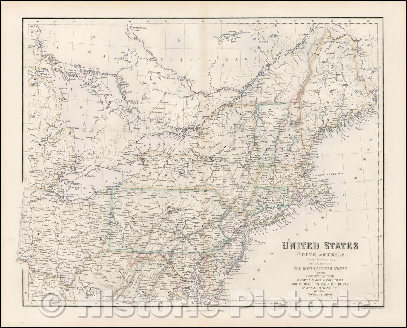 Historic Map - United States of North America -Maine, N Hampshire, Vermont, N York, Massachusetts, Rhode Id, Connecticut, 1855 - Vintage Wall Art
