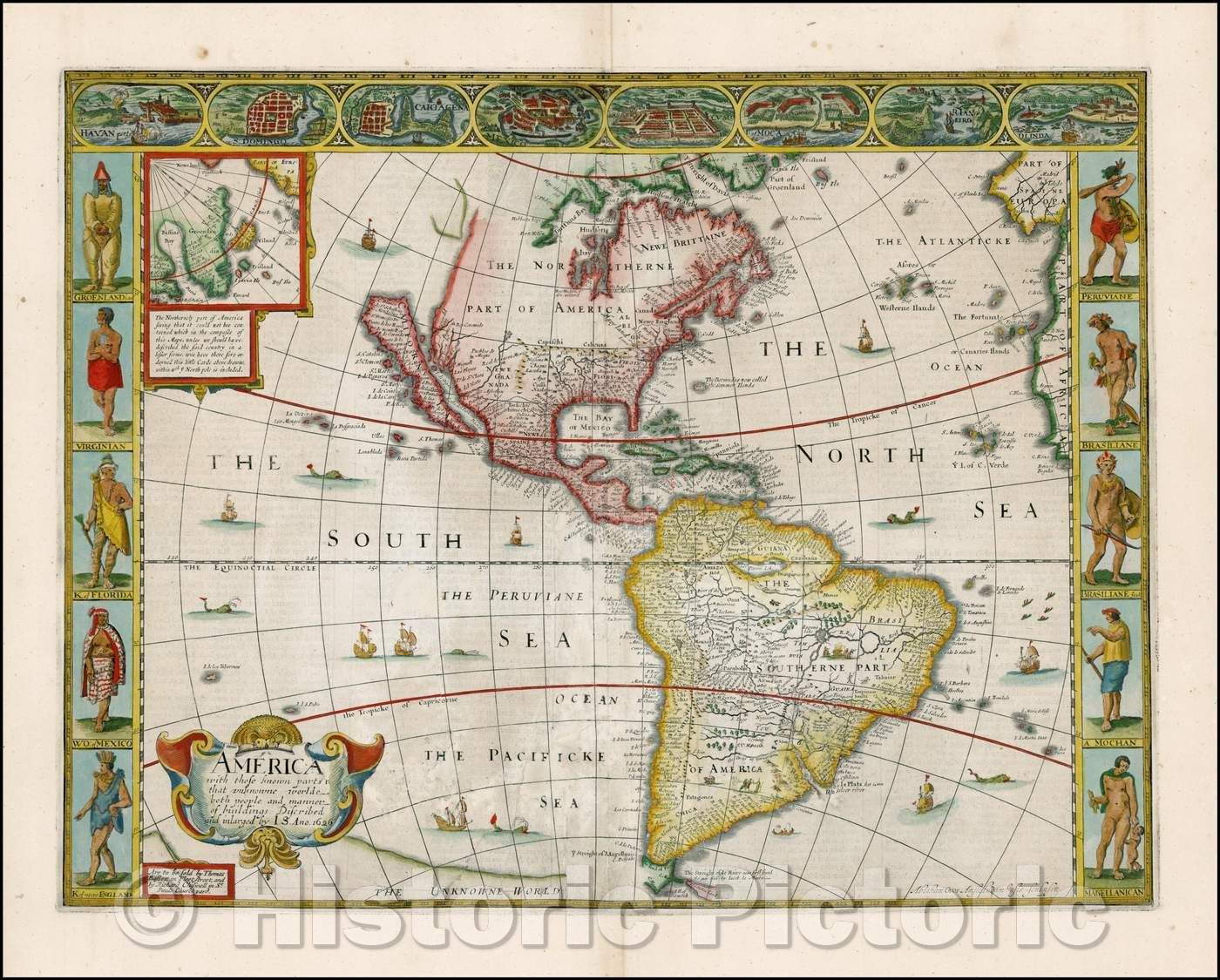 Historic Map - America with those known parts in that unknowne worlde both people and manner of buildings described and inlarged, 1676, John Speed v1