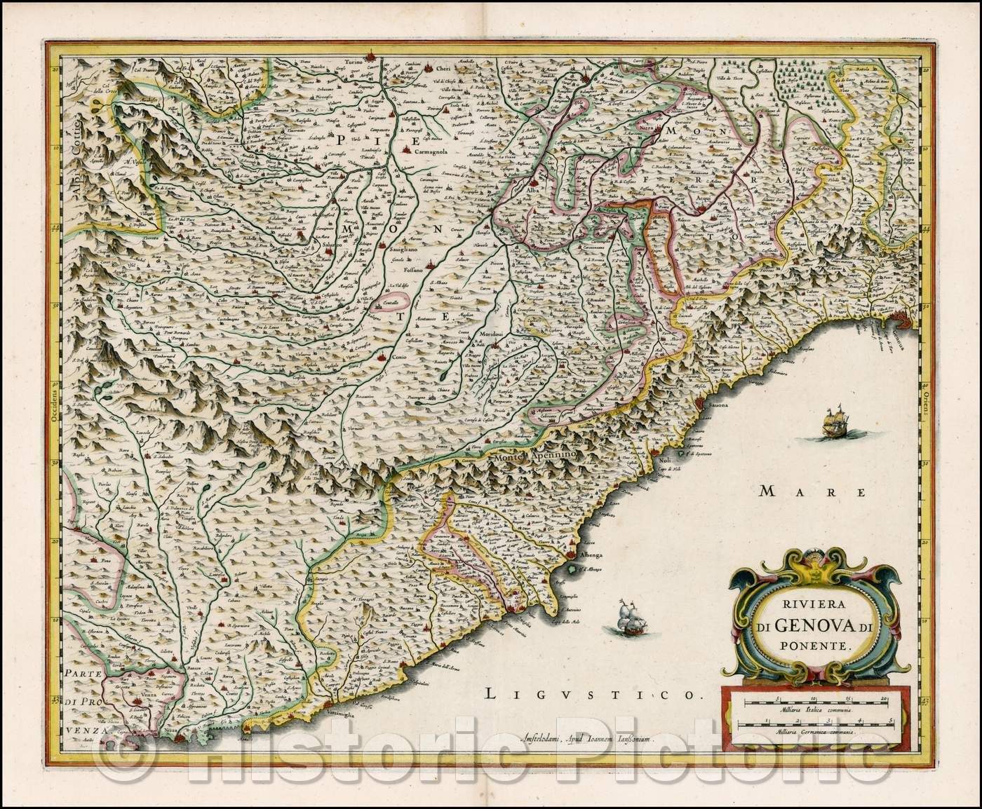 Historic Map - Riviera Di Genova Di Ponente/Maps of the Italian Riviera, from Nice to Genoa,extending north to Turin, 1640, Jan Jansson - Vintage Wall Art