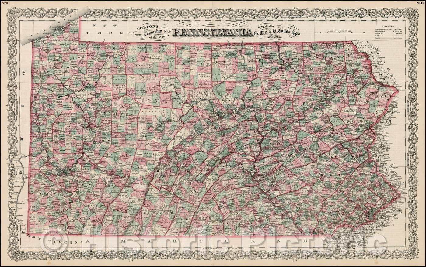 Historic Map - Colton's New Township Map of the State of Pennsylvania, 1871, G.W. & C.B. Colton - Vintage Wall Art