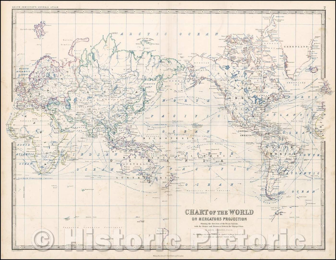 Historic Map - Chart of the World on Mercator's Projection Showing the directions of the Oceans Currents, 1860 - Vintage Wall Art