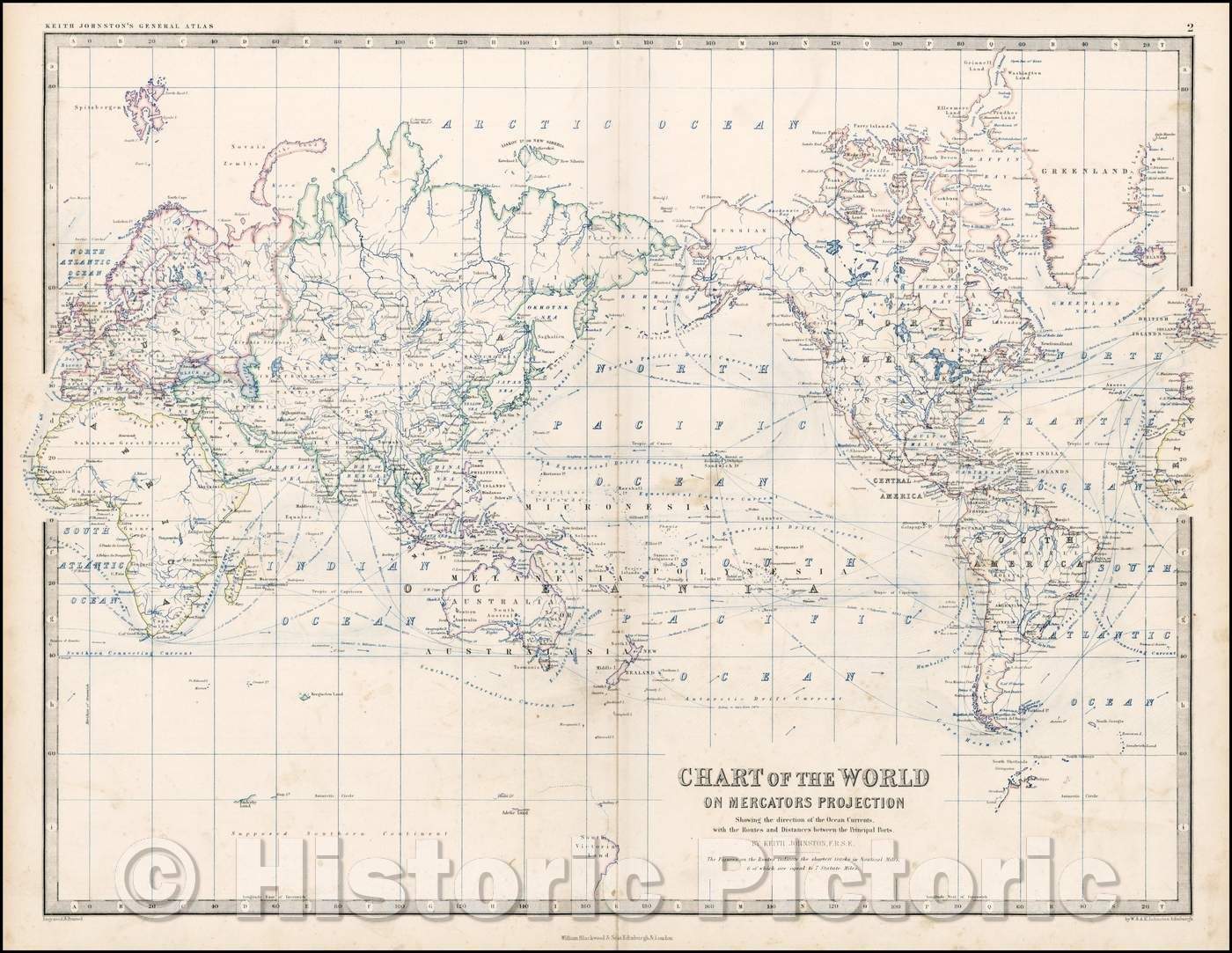 Historic Map - Chart of the World on Mercator's Projection Showing the directions of the Oceans Currents, 1860 - Vintage Wall Art