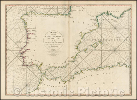 Historic Map - A Chart of the Coasts of Spain and Portugal, with the Balearic Islands, and Part of the Coast of Barbary. MDCCLXXX, 1780, William Faden v1