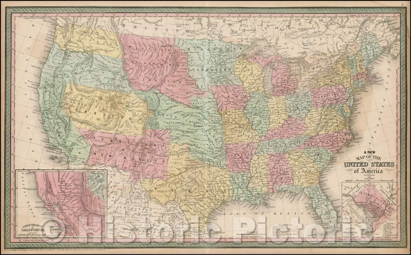 1853 United States Western Territories Historical Map Print Historic