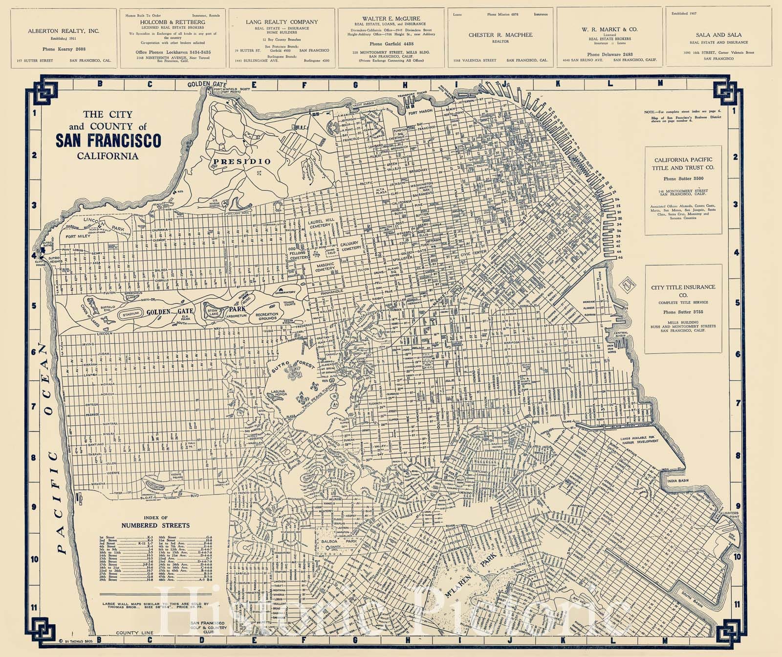 Historic Map - The City and County of San Francisco, California, 1920, Thomas Brothers - Vintage Wall Art