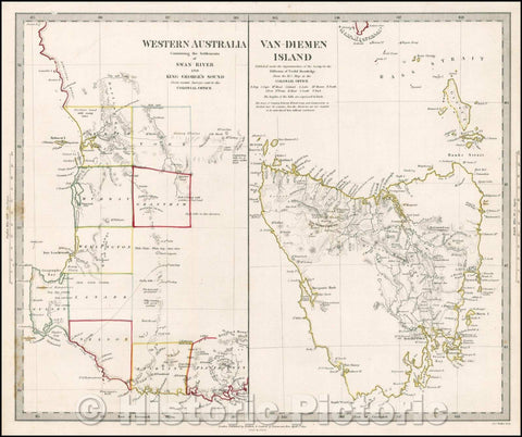 Historic Map - Western Australia containing the Settlements of Swan River and King George's Sound, 1833, SDUK - Vintage Wall Art