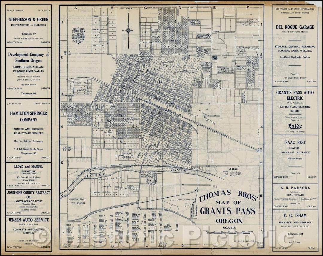 Historic Map - Thomas Bros. Map of Grants Pass Oregon, 1920, Thomas Brothers - Vintage Wall Art