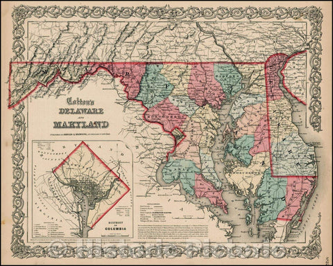 Historic Map - Colton's Delaware and Maryland [with large District of Columbia Inset], 1859, Joseph Hutchins Colton - Vintage Wall Art
