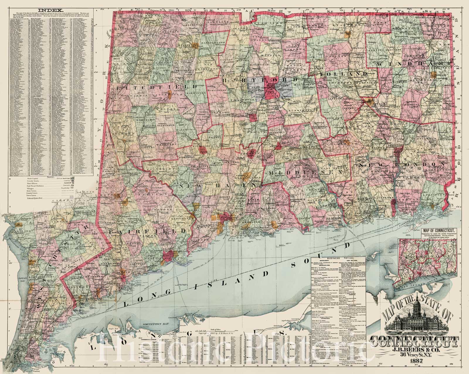 Historic Map - Map of the State of Connecticut, 1887, J.B. Beers - Vintage Wall Art