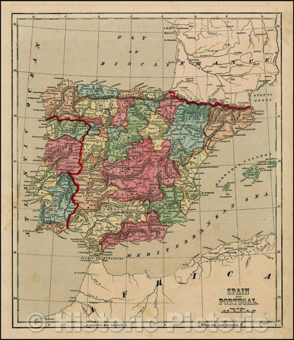 Historic Map - Spain & Portugal (with Balearic Islands), 1856, Charles Morse - Vintage Wall Art