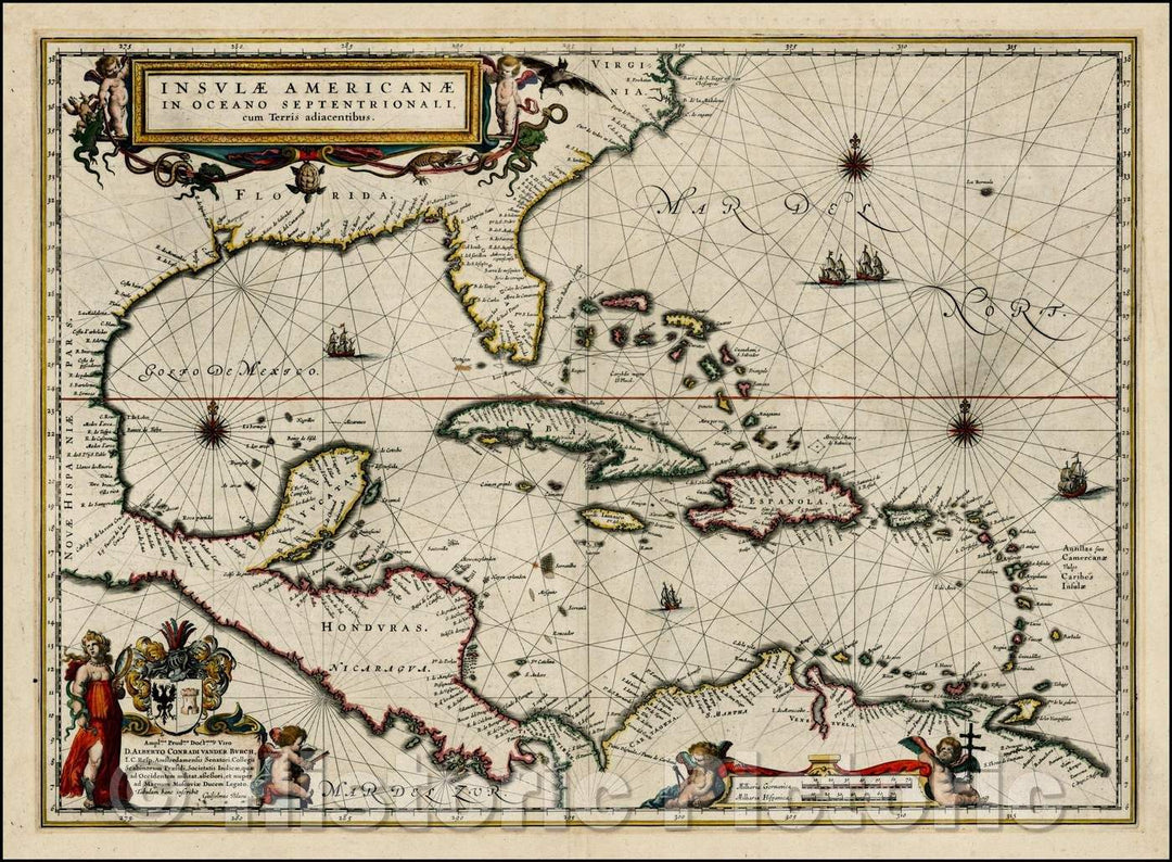 Historic Map - Insulae Americanae in Oceano Septentrionali cum Terris adiacentibus, 1636, Willem Janszoon Blaeu - Vintage Wall Art