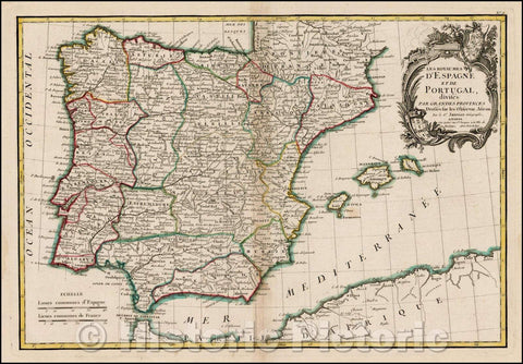 Historic Map - Les Royaumes D'Espagne Et De Portugal divises Par Grandes Provinces :: Kingdoms Spain And Portugal, Grand Provinces(With Balearic Islands), 1762 - Vintage Wall Art