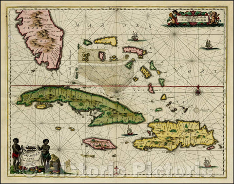 Historic Map - Insularum Hispaniolae et Cubae, Cum Insulis circumjacentibus :: Jansson's of Southern Florida, Caribbean, Bahamas, Cuba, Jamaica, Hispaniola, 1650 - Vintage Wall Art