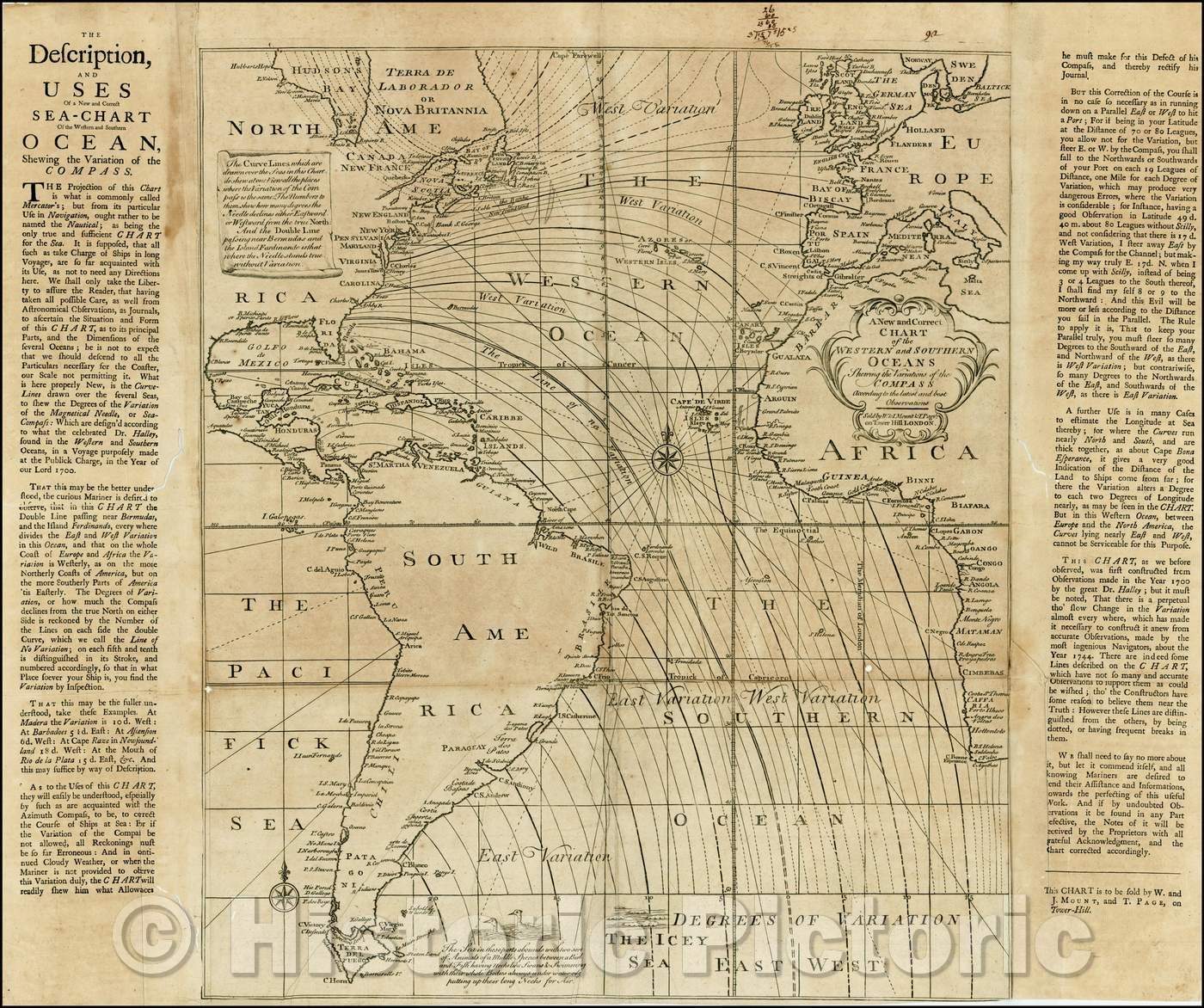 Historic Map - Chart of the Western and Southern Oceans Showing the Variations of the Compass According to the Latest and Best Observations, 1750 - Vintage Wall Art