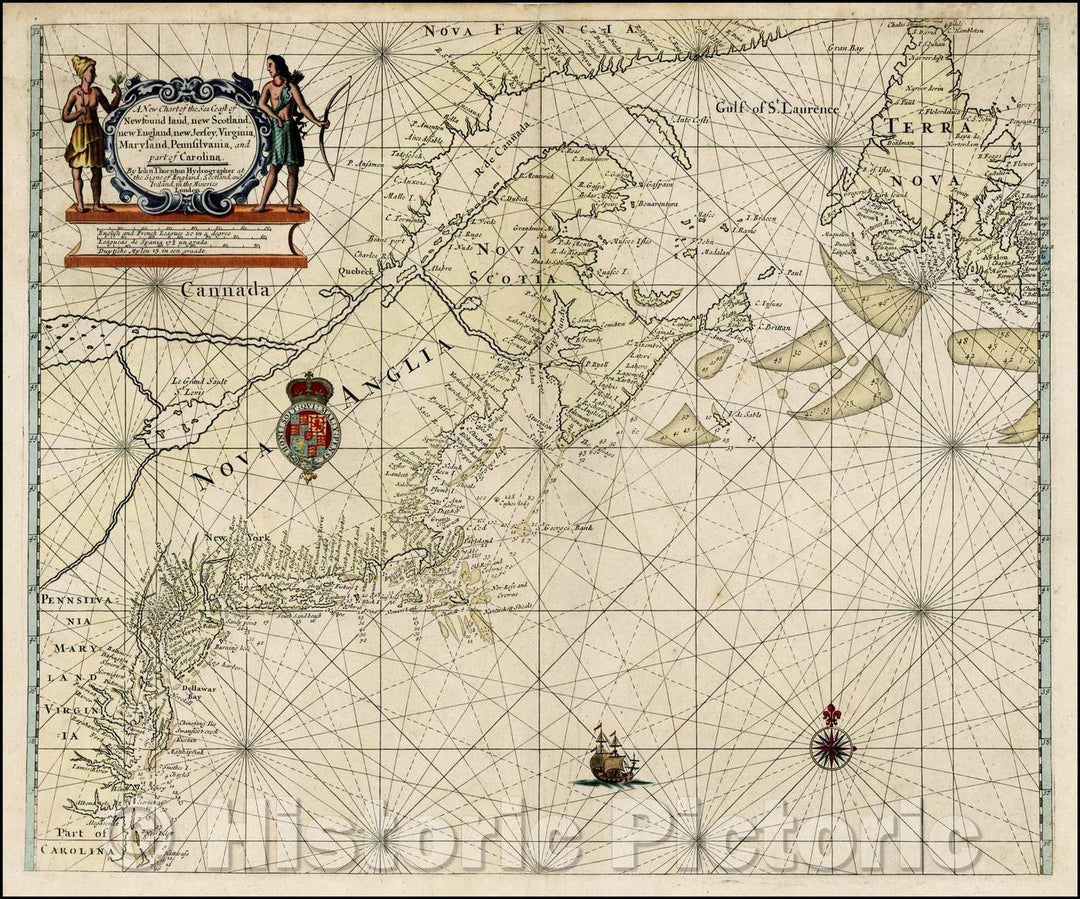Historic Map - A New Chart of the Sea Coast of Newfound land, new Scotland, new England, new Jersey, Virginia, Maryland, Pennsylvania, and part of Carolina, 1685 v2
