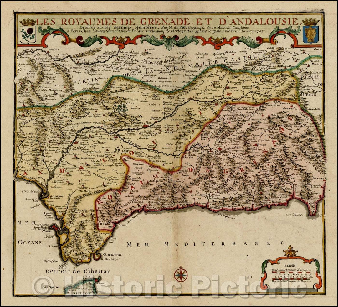 Historic Map - Le Royaumed De Grenade et D'Andalouisie/Map of Region, with details of cities, rivers, land masses, and oceans, 1707, Nicolas de Fer - Vintage Wall Art