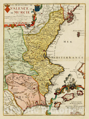 Historic Map - Les Royaumes De Valence et Murcie/Map of Valencia and Murcia, with a large inset of the Balearic Islands, 1725, Nicolas de Fer - Vintage Wall Art