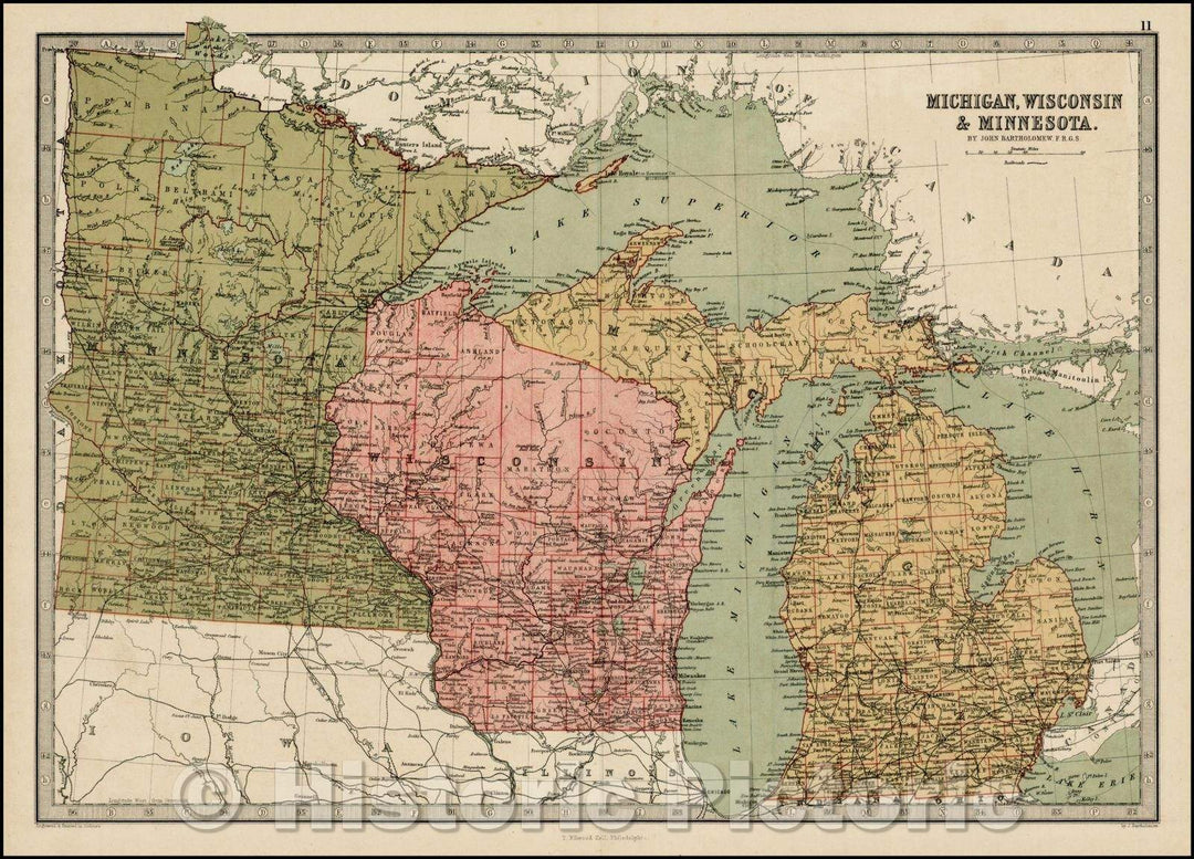 Historic Map - Michigan, Wisconsin & Minnesota, 1875, T. Ellwood Zell - Vintage Wall Art