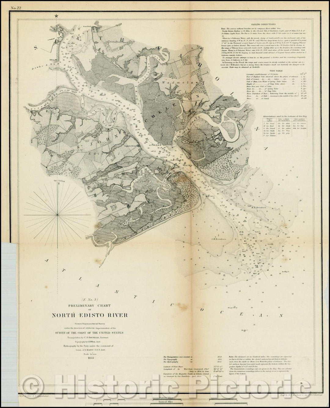 Historic Map - Preliminary Chart of North Edisto River, 1853, United States Coast Survey - Vintage Wall Art