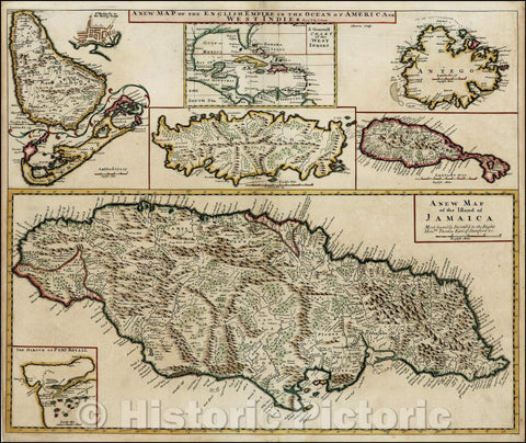 Historic Map - The English Empire in the Ocean of America or West Indies (Jamaica,Port Royal, Bermuda, Barbados, Bridgetown, Tobago, Antigua, St. Christ, 1721 v1