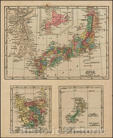 Historic Map - Japan (and) Van Diemen's Land (and) New Zealand/Set of three Maps, from Morse's General Atlas of the World, 1856, Sidney Morse - Vintage Wall Art