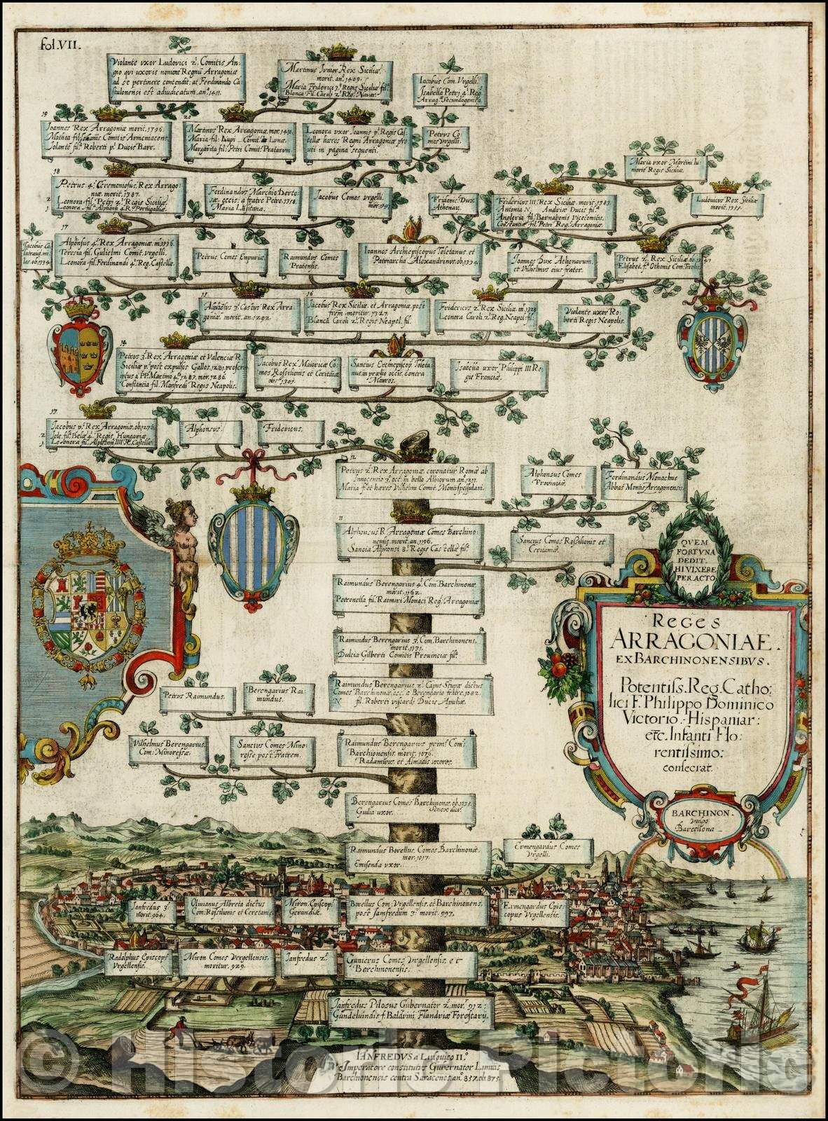 Historic Map - Reges Arragoniae Ex Barchinonensibus Potensis. Reg. Catholici/View of Barcelona and family tree, families of Arragon and Barcelona, 1610 - Vintage Wall Art