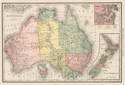 Historic Map - Australia (with inset maps of Sydney and New Zealand), 1882, Rand McNally & Company - Vintage Wall Art