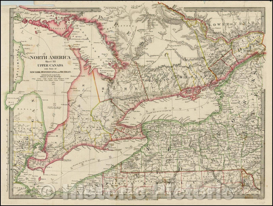 Historic Map - North America Sheet III Upper Canada with Parts of New-York, Pennsylvania and Michigan, 1832, SDUK - Vintage Wall Art