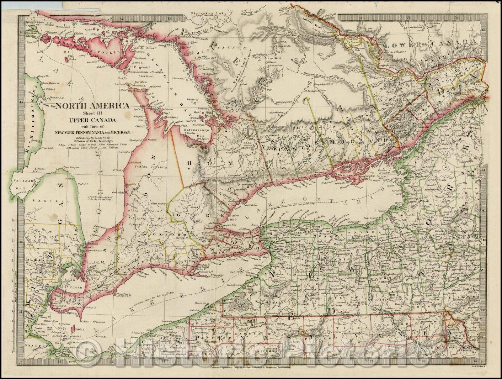 Historic Map - North America Sheet III Upper Canada with Parts of New-York, Pennsylvania and Michigan, 1832, SDUK - Vintage Wall Art