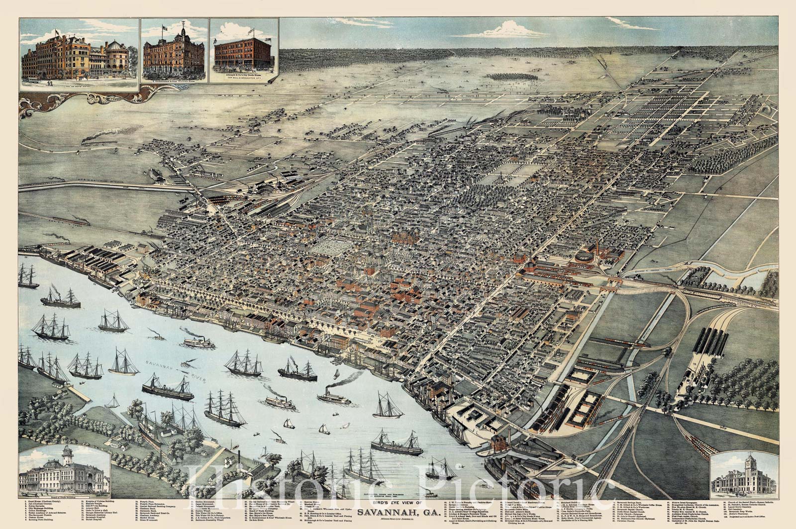 Historic Map - Bird's Eye View of Savannah, GA, 1891, Augustus Koch - Vintage Wall Art
