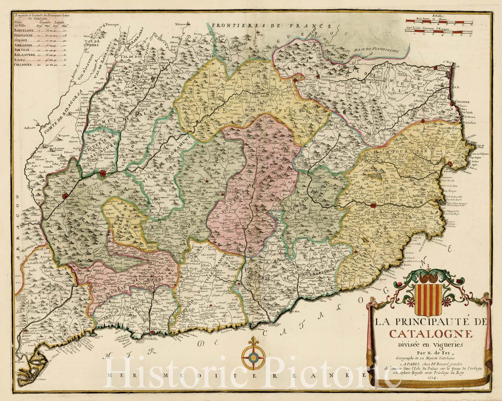 Historic Map - La Principaute De Catalogne Divisee en Vigueries/Map of Catalonia, by Nicolas De Fer, 1714, Nicolas de Fer - Vintage Wall Art
