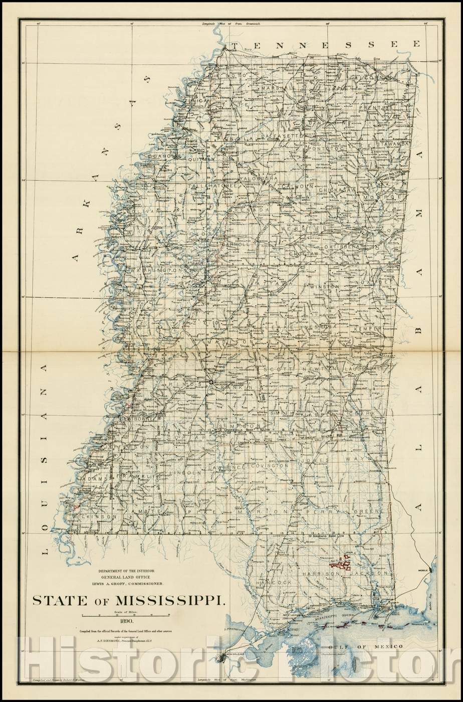 Historic Map - State of Mississippi, 1890, U.S. General Land Office - Vintage Wall Art