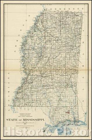 Historic Map - State of Mississippi, 1890, U.S. General Land Office - Vintage Wall Art