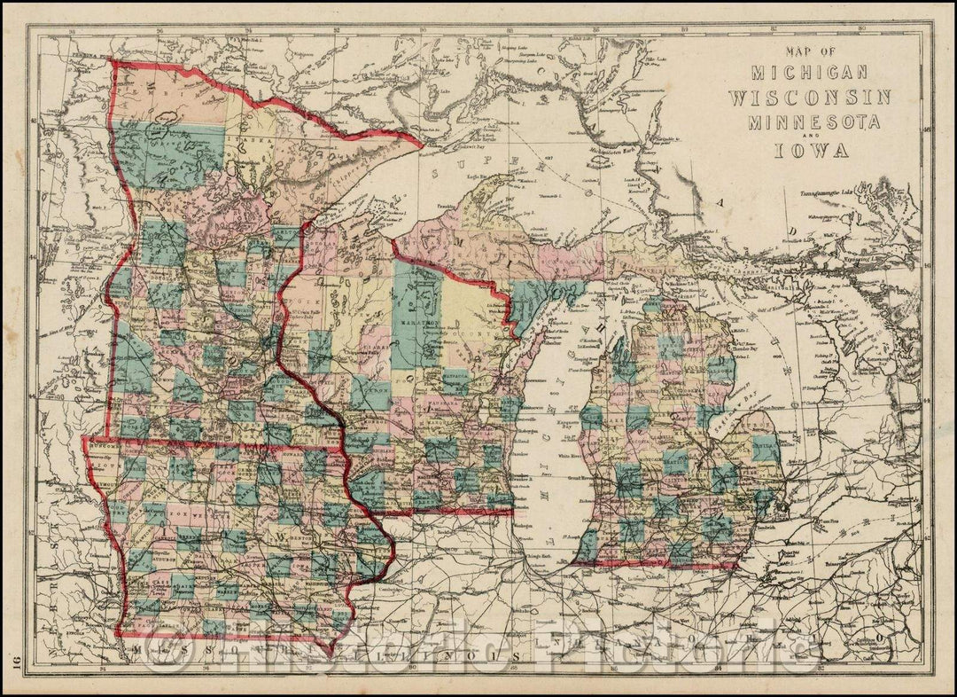 Historic Map - Map of Michigan, Wisconsin, Minnesota and Iowa, 1873, J. David Williams - Vintage Wall Art