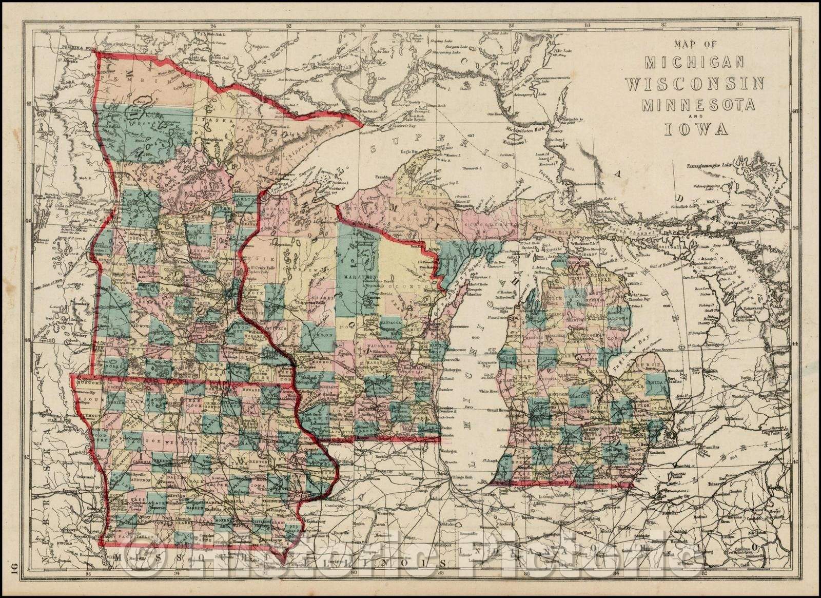 Historic Map - Map of Michigan, Wisconsin, Minnesota and Iowa, 1873, J. David Williams - Vintage Wall Art