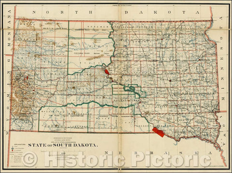 Historic Map - State of South Dakota, 1892, U.S. General Land Office - Vintage Wall Art