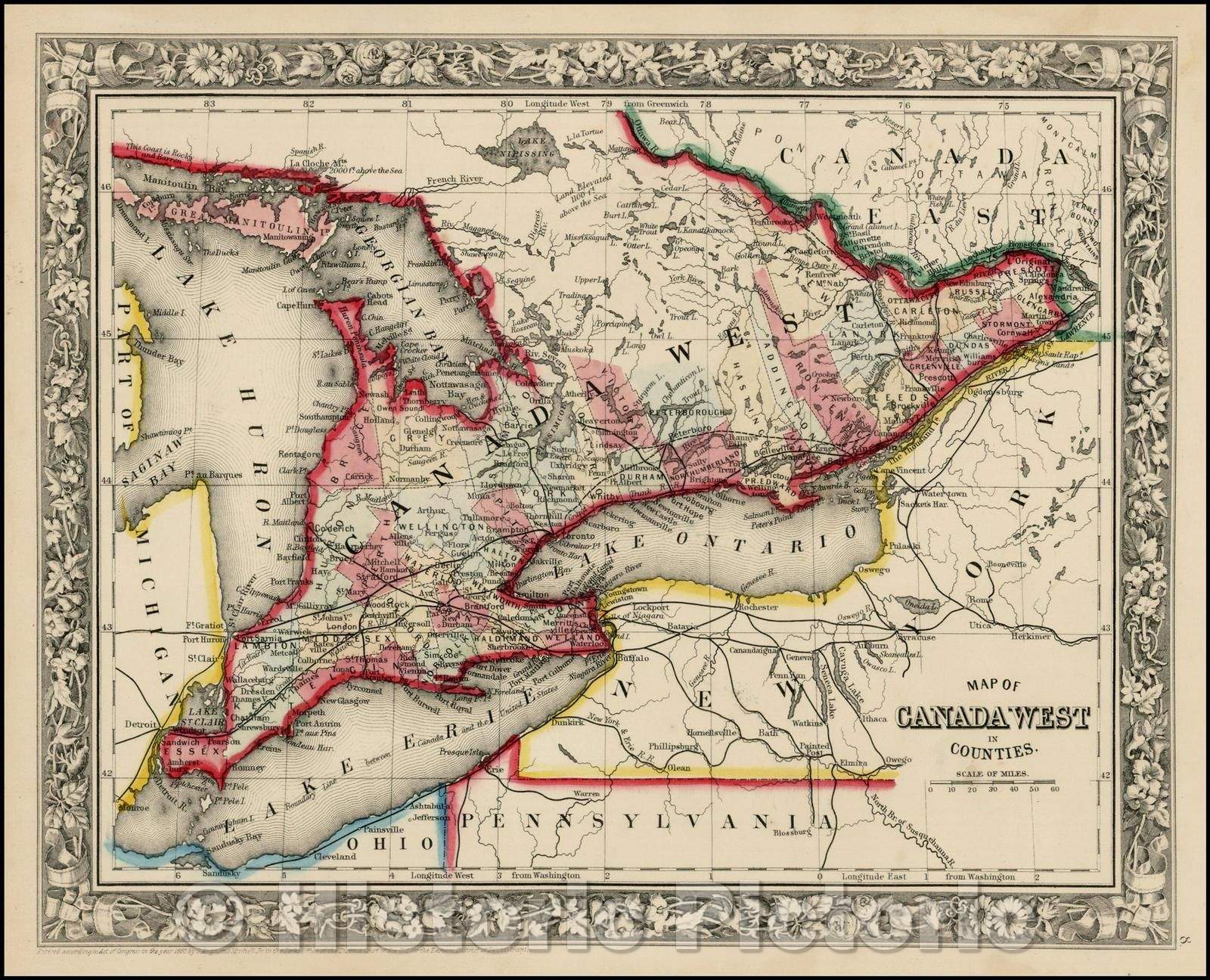 Historic Map - Map Of Canada West In Counties [Includes Lake Erie, Lake Huron, Saginaw Bay and Lake Ontario regions], 1862, Samuel Augustus Mitchell Jr. - Vintage Wall Art