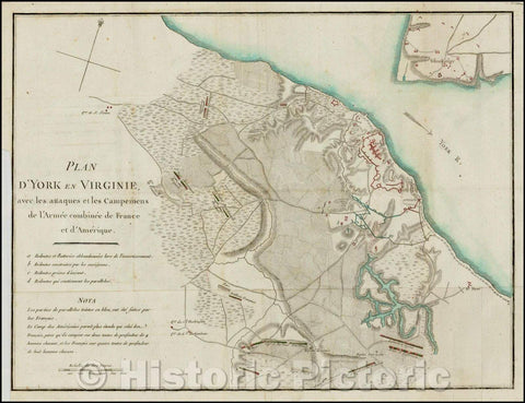 Historic Map - Battle of Yorktown/Plan D'York en Virginie avec les attaques et les Campemens de l'Armee combinee de France et d'Amerique, 1785, Henri Soules - Vintage Wall Art