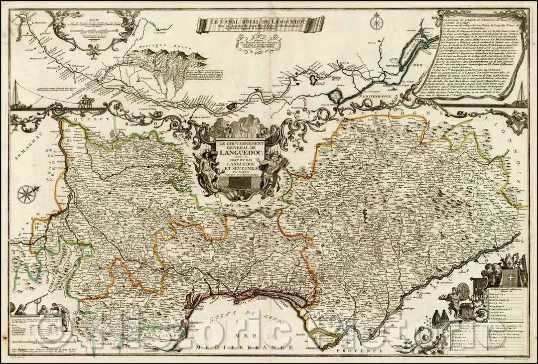 Historic Map - Le Canal Royal De Languedoc Pour la Jonction des desu Mers Ocean :: showing the Canal du Midi, biggest canal projects of the 18th Century, 1722 - Vintage Wall Art