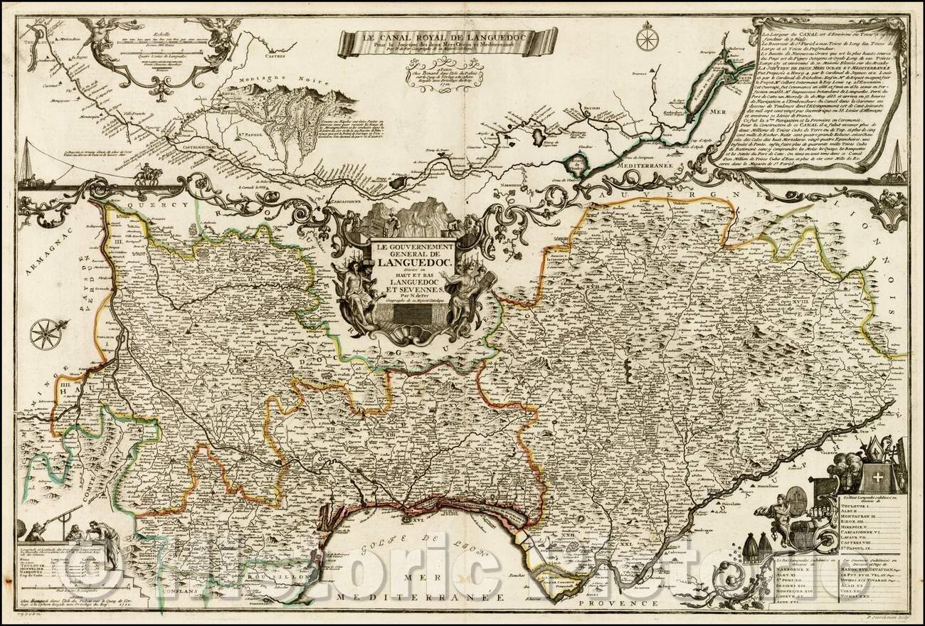 Historic Map - Le Canal Royal De Languedoc Pour la Jonction des desu Mers Ocean :: showing the Canal du Midi, biggest canal projects of the 18th Century, 1722 - Vintage Wall Art
