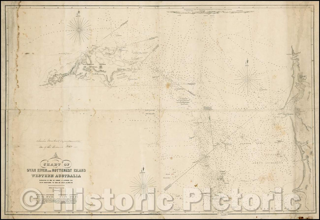 Historic Map - Chart of Swan River and Rottenest Island Western Australia Surveyed in 1841, 1840, John Septimus Roe - Vintage Wall Art