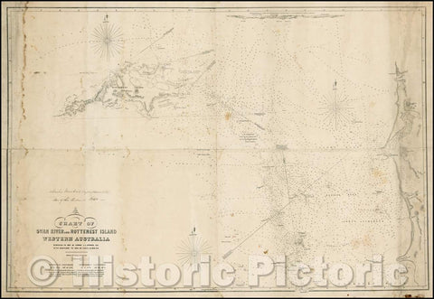 Historic Map - Chart of Swan River and Rottenest Island Western Australia Surveyed in 1841, 1840, John Septimus Roe - Vintage Wall Art